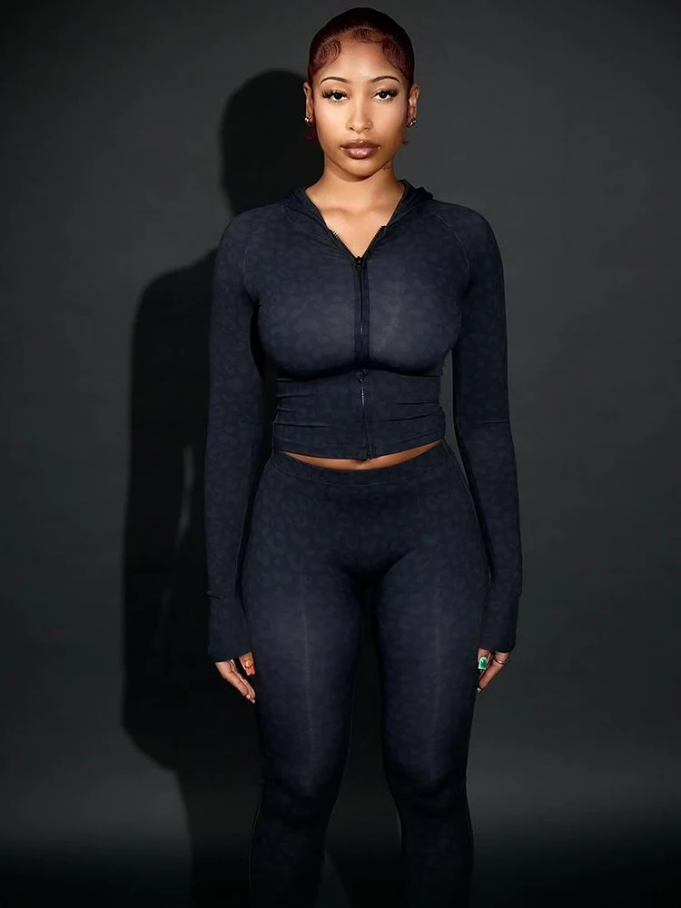 Nibber Sporty Leopard Print 2 Piece Set Woman Full Sleeve Zip Cardigan Hooded Crop Tops+Skinny Long Pants Street Fashion Outfits