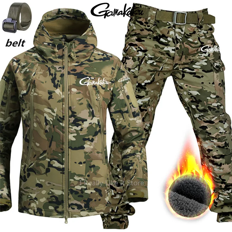 

Gamakatsu Winter Men Waterproof Fishing Suit Outdoor Windproof Hooded Jacket Fleece Warm Pants Hunting Mountaineering Clothing