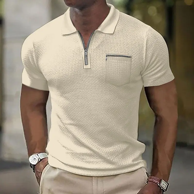 Men Summer Waffle POLO shirt zipper pocket Sports