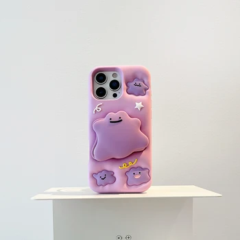 Funny 3D Cartoon Ditto Monsters Bracket Mirror Case For iPhone 17 16 15 14 13 12 Pro Max Soft Silicone Stand Holder Cover 1