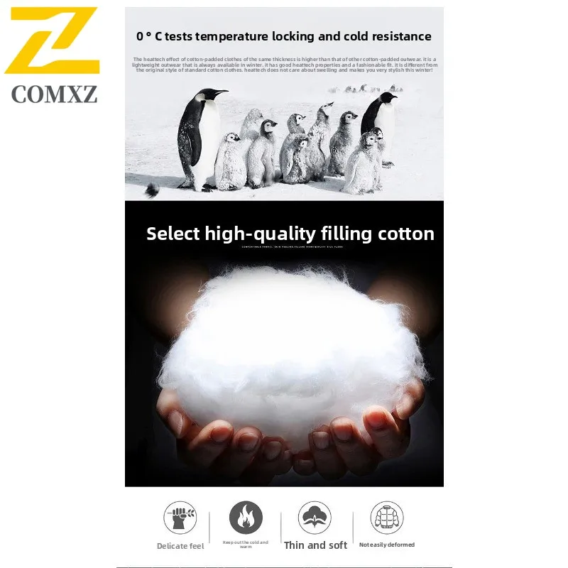 ​Men Down Cotton Jacket Winter American Style Warm Puffer Coat Thickened Fleece Lined Hooded Outerwear Cold Weather​ Windbreaker