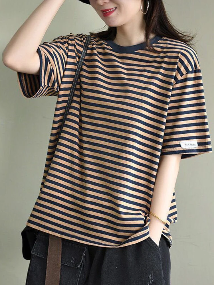 

Summer Short Sleeve Striped T-Shirts Women All Match Basic Casual Loose Tops Female Cozy Summer Tees 2023 Harajuku Green Shirt