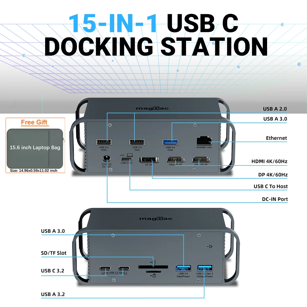 

USB C Docking Station 2xHDMI Displayport 4K 60Hz 3 Monitors USB3.2 RJ45 AC Power Adapter SD/TF Card Slot for Lenovo Hp Dell