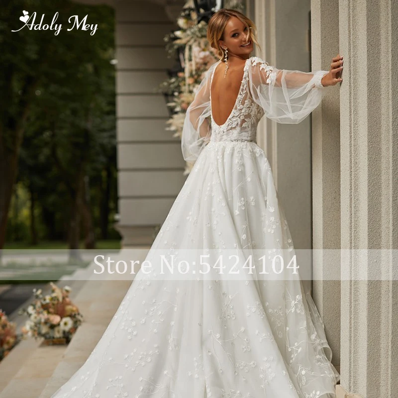 Adoly Mey Sexy Backless Long Sleeve Lace A-Line Wedding Dress Exquisite Appliques Sweetheart Neck Pleated Princess Bridal Gown