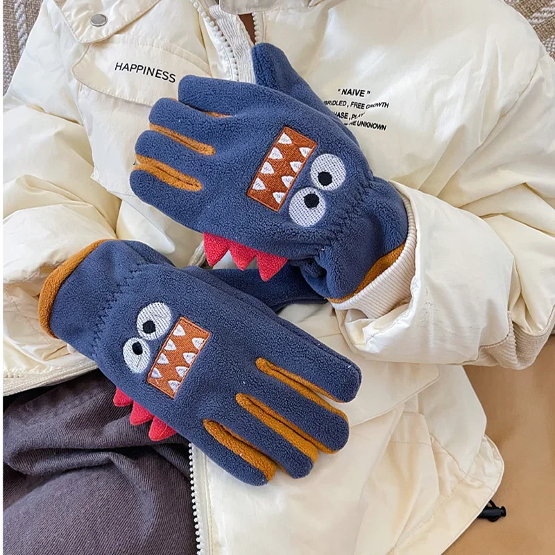 5-12 Years Kids Winter Gloves Cartoon Shark Embroidery Coral Fleece Gloves Boy Girl Outdoor Thicken Warm Riding Children