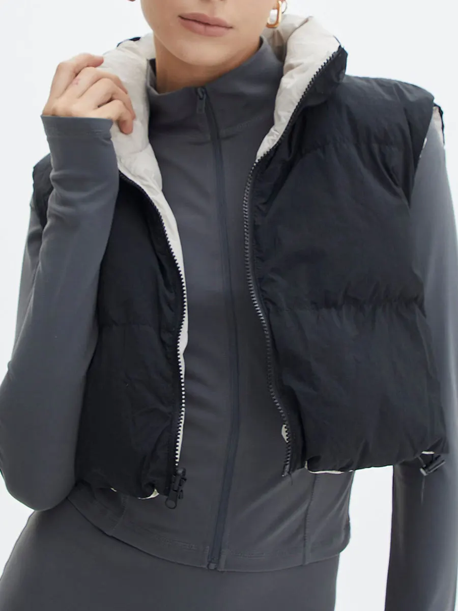 

Women Double Sided Winter Down Vest Coat Winter Padded Quilted Sleeveless Puffer Jacket Fashion Zip Up Short Cropped Outwear