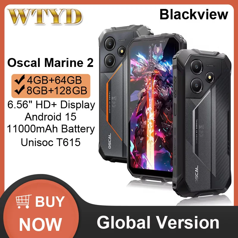 Blackview Oscal Marine 2 Rugged Phone 8GB+128GB 6.56'' HD+ Display 11000mAh Android 15 Unisoc T615 4G NFC Smartphone