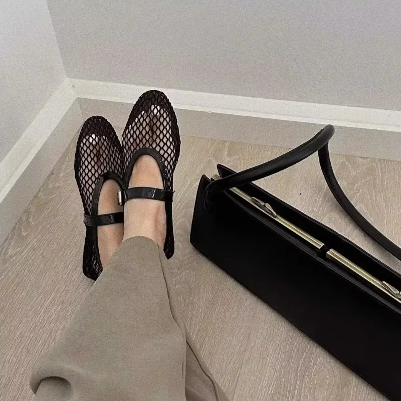 2024 Ballet Flat Shoes Woman Mesh Hollow Outs Mary Jane Flats Black Loafers Summer Walking Footwear Size 42