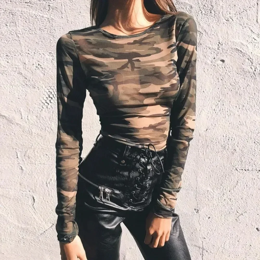Women Crop Tops Long Sleeve Camouflage Print Tees T-shirt Fashion Mesh See Through Ladies Sexy Short Women Summer Y2k Top