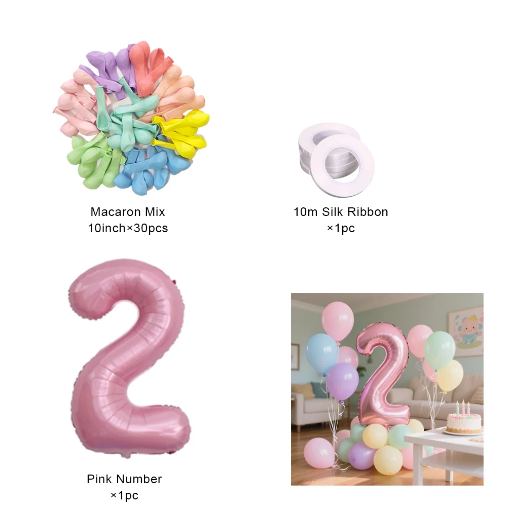 40-Zoll-Set mit rosa Zahlenfolienballons, alles Gute zum Geburtstag, Partydekoration, Kinder, Mädchen, 1–9 Jahre alt, farbiger Macaron-Ballon – Detail 2