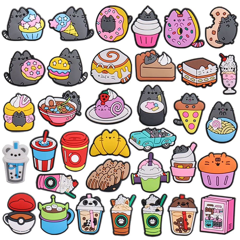 

1-35PCS PVC Shoe Charms Lovely Cat Drink Matcha Coffee Milk Tea Buckle Clog Fit Wristbands Hole Slipper Decoration Accessories