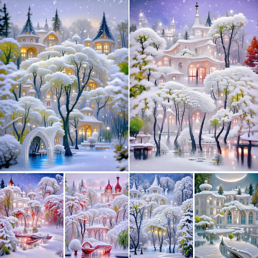 5D Diamond Painting New 2024 Winter Snow White Tree Diamond Mosaic Full Drill Cross Stitch Castle Landscape Embroidery A915