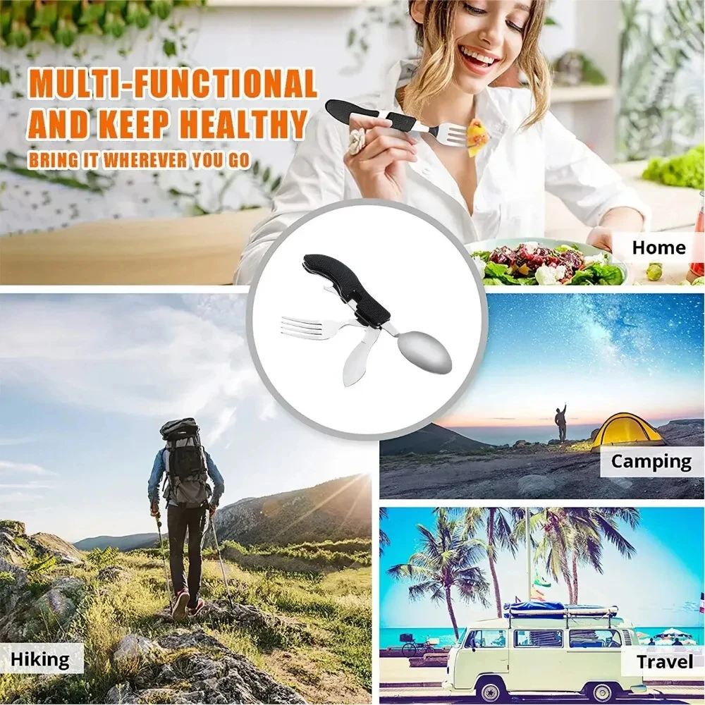 Camping Cutlery Portable Tableware Portable Cutlery Stainless Steel 4-In-1 Foldable Tablespoon Set Spoon Knife Fork Bottle Opener Folding Pocket Kits Outdoor Tableware Set
