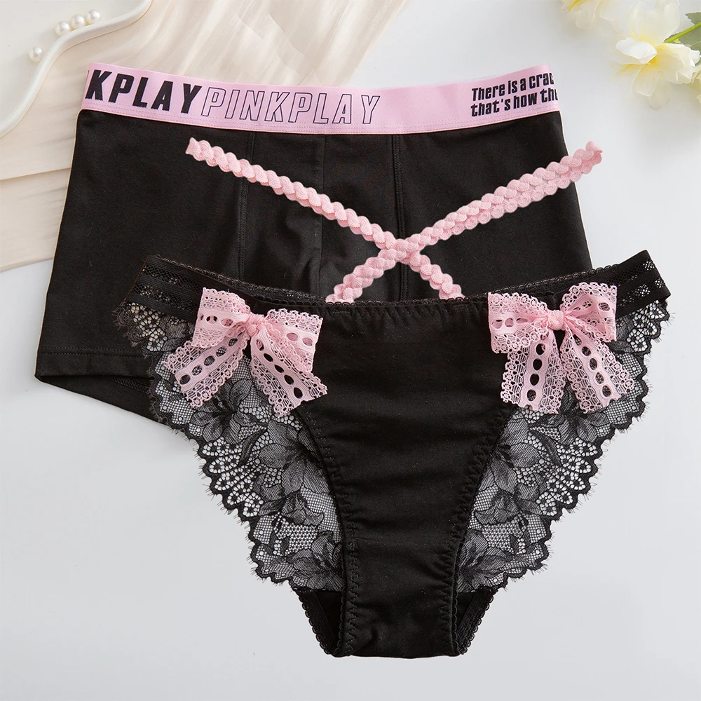 Cute Couple Panties Underwear Bow Knot Couple Underwear Male Boxers Female Briefs Sexy Lolita Panties Lovers Underpant Lingerie