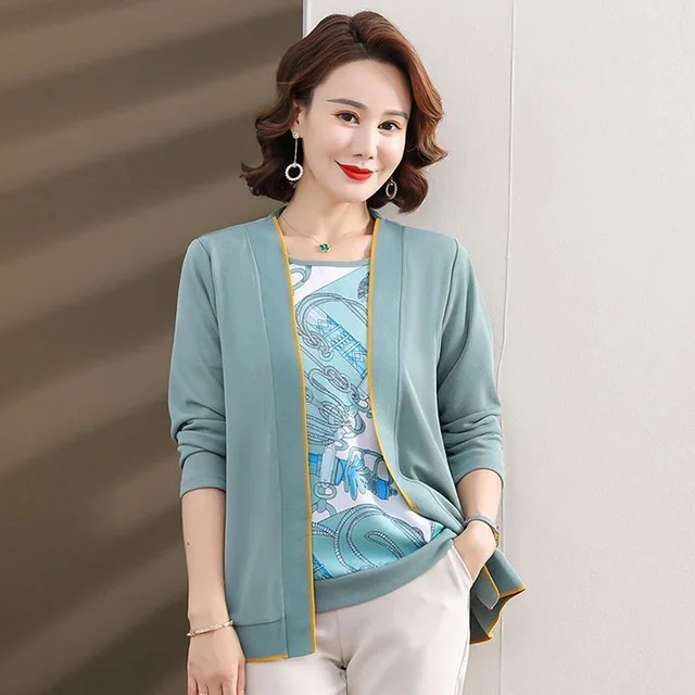 Solid Two Pieces Sets Sweater Women 2026 New  Spring Autumn Mother Sweater Pull Femm T-shirt+ Cardigans Suit Sweater For Women 1