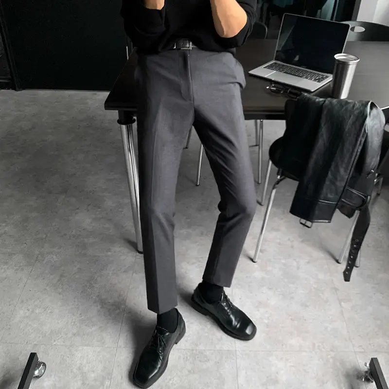Spring Autumn 2023 Men's Suit Pants Slim Business Office Solid Color Straight Nine Point Classic Korean Trousers Male N55