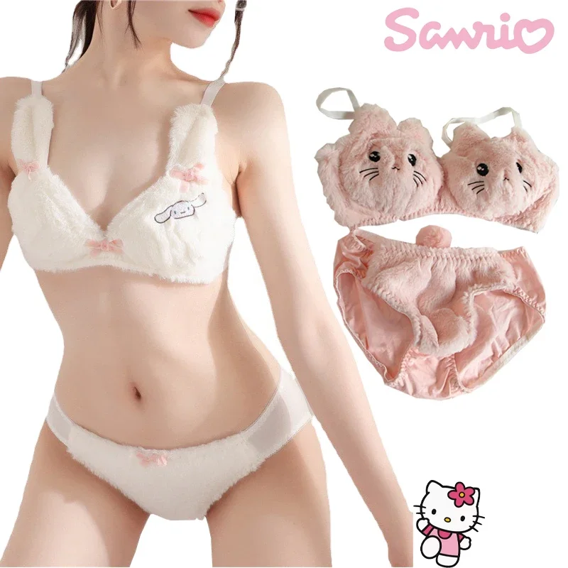 

Sanrio Hello Kitty Cinnamoroll Women Autumn and Winter Plush Wool Comfortable Gathering Embroidery Thermal Underwear Bra Set