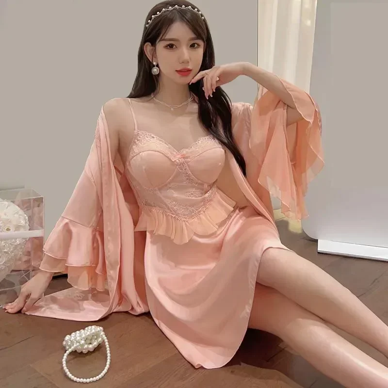 

Lace Suit Gown Nightgown Robe Summer Women Set Loungewear Female Lingerie Nightwear Sleepwear Satin Twinset Bathrobe