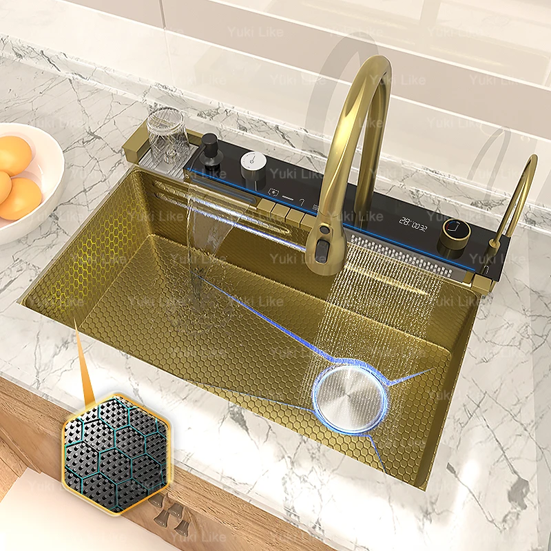 Stainless Steel Waterfall Kitchen Sink Gold Embossed Extra Large Single Slot Digital Display Dishwashing Basin 100x50cm kitchen sink