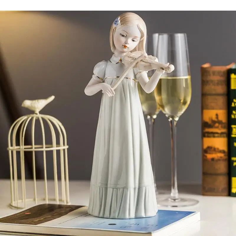 

Violinist Girl Cute Figures Statue Desk Decoration Musician Girl Porcelain Crafts Modern Painted Character Ceramic Sculpture