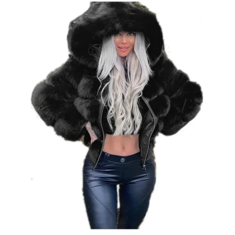 Faux Fur Coat European and American Style Fashion Long Sleeved Solid Color Hooded Autumn and Winter Warm Coat for Women