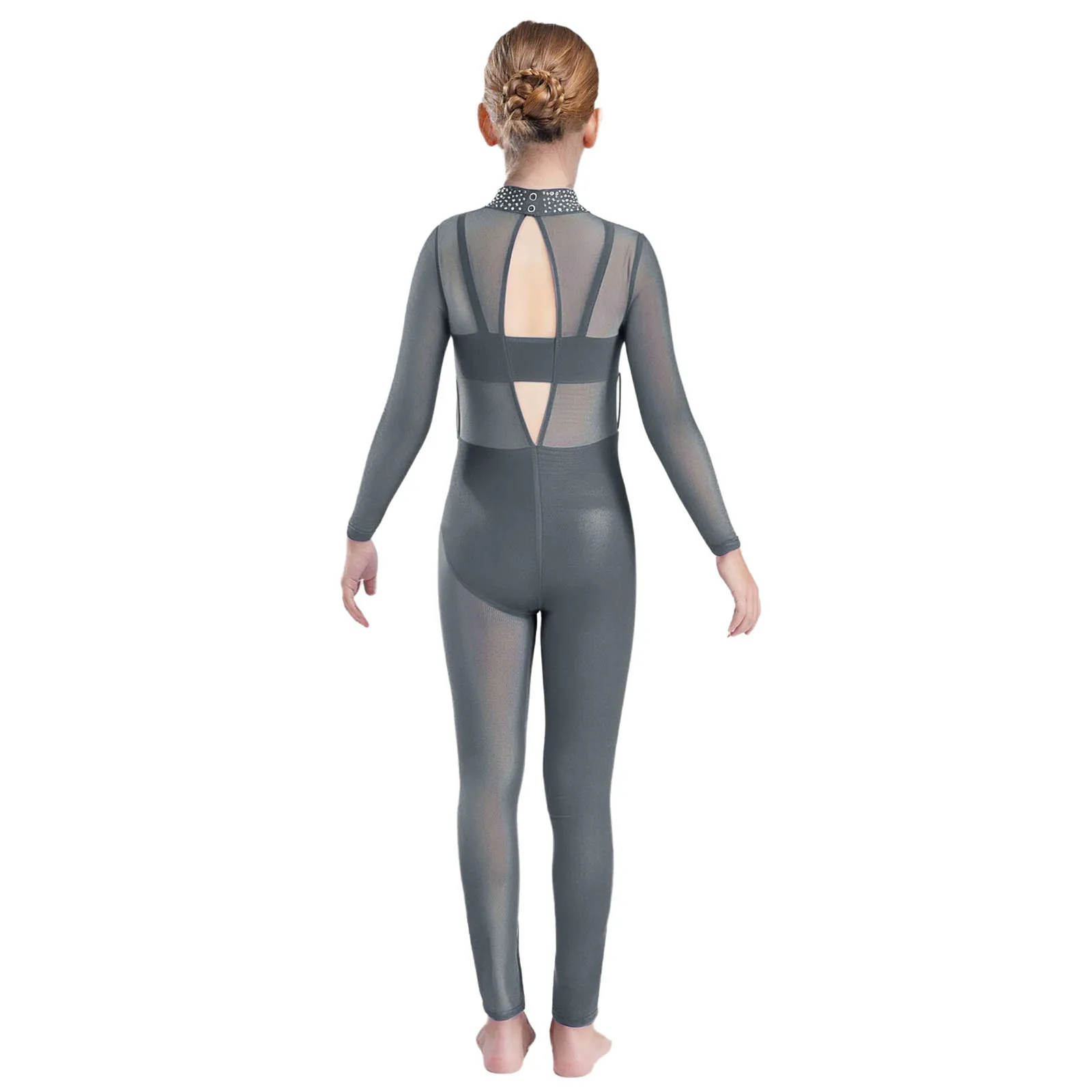 Mädchen Eiskunstlauf-Einteiler Gymnastikanzug Ballett-Tanzkostüm Langarm Glitzernder Strass-Bodysuit – Detail 8