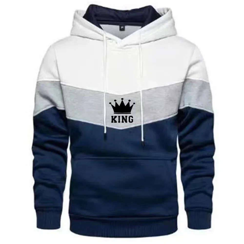 

Men King Print Splicing Hoodies Autumn Winter Fleece Pullover Sweatshirts Casual Sport Hoodies Male Street Style Clothes