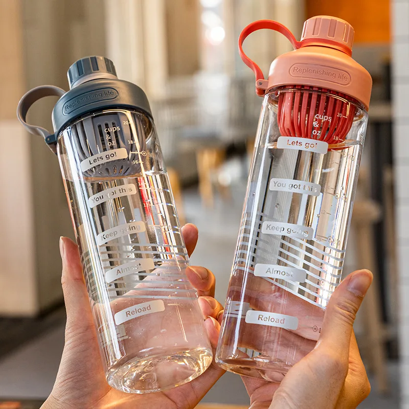 Large Capacity Water Bottle With Tea Divider Cup Plastic Water Cup Time Scale Frosted Outdoor Sports Gym Student Couple Girl