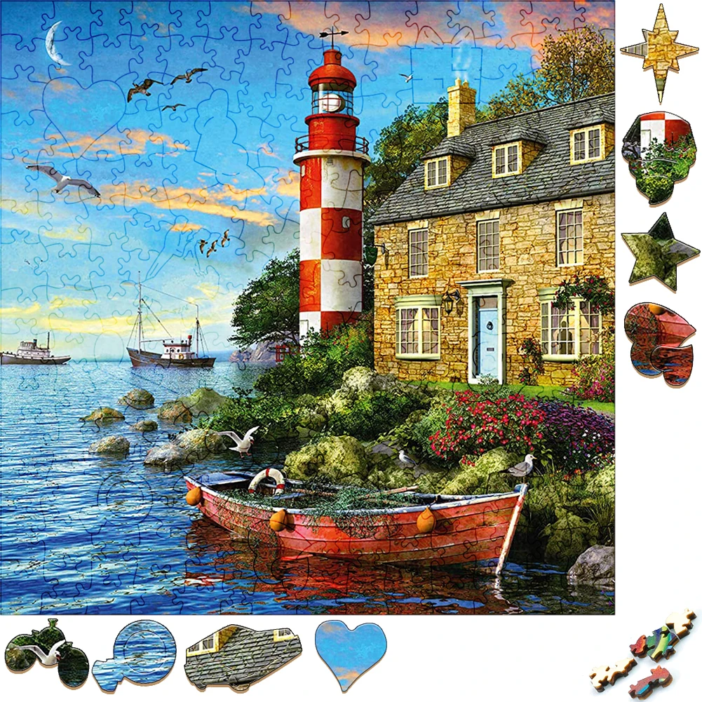 Unique Wooden Puzzles Hut Fireworks Scenery Wood Jigsaw Puzzle Craft Irregular Family Interactive Puzzle Gift for Kids Education unique wooden puzzles moonlight train snow mountain wood jigsaw puzzle craft irregular family interactive puzzle gift for friend