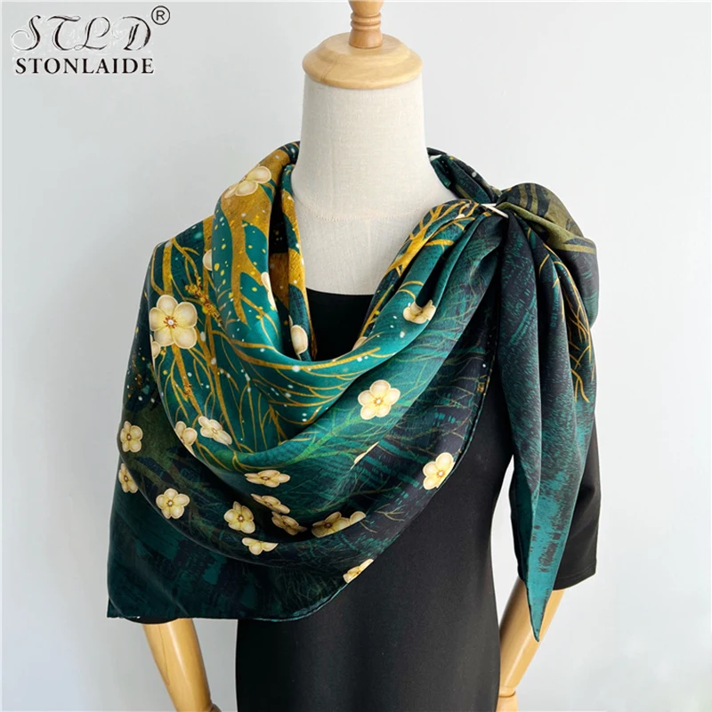 

Novel Green Tree Flower Printed 100% Silk Scarf Shawls Women Summer Autumn Mulberry Silk Wrap Hijab 110CM Echarpe Luxury 2023