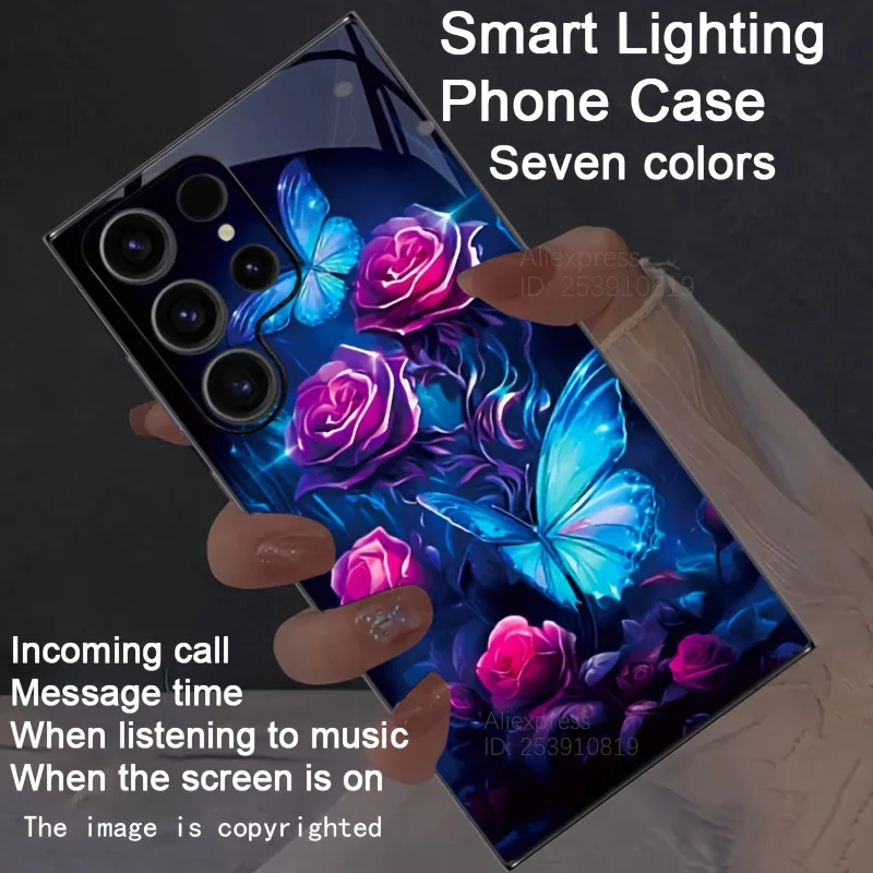 Blue Purple Rose Butterfly Voice Controlled Luminous LED Phone Case