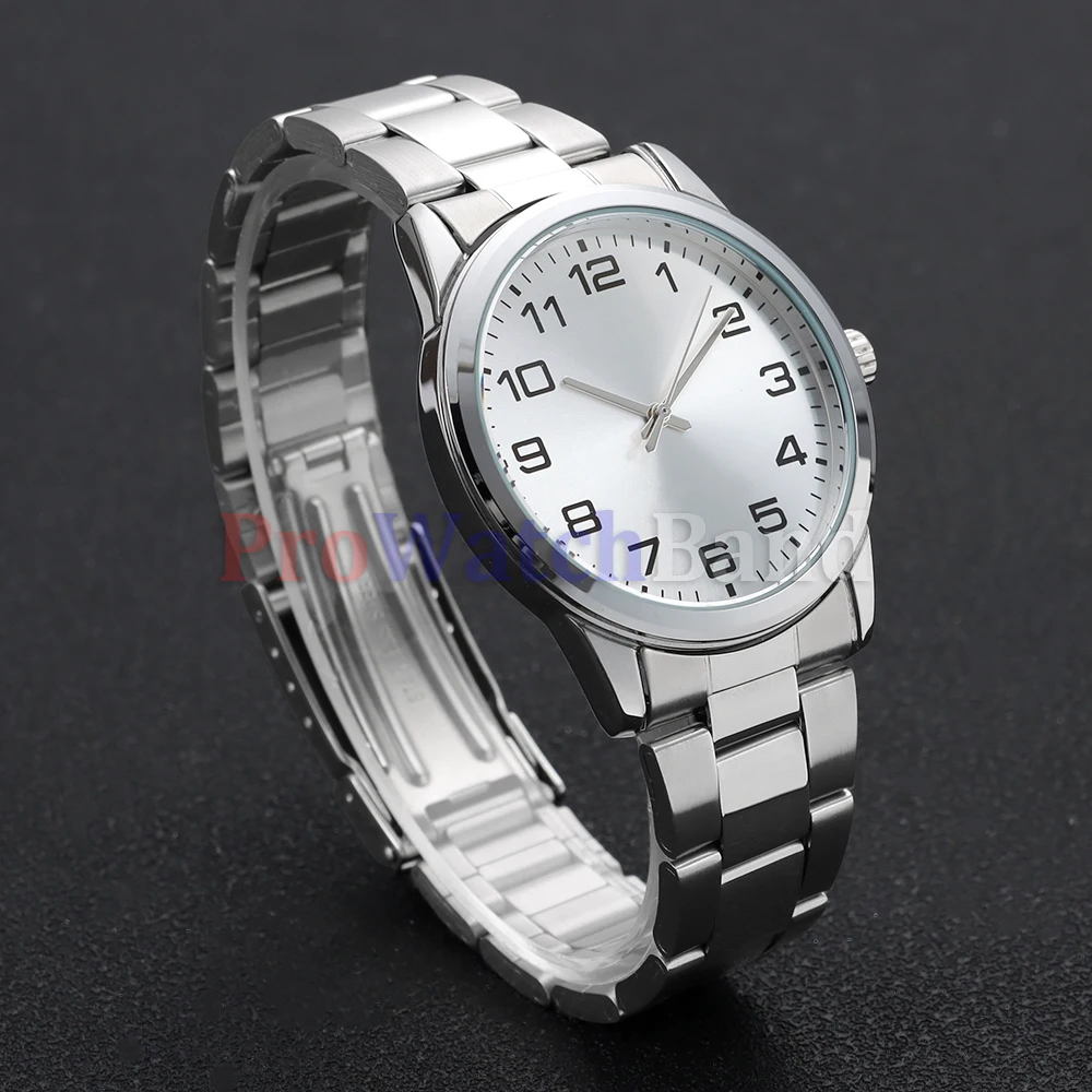 Men's Stainless Steel Curved End Sports Watch Strap with Universal Folding Buckle