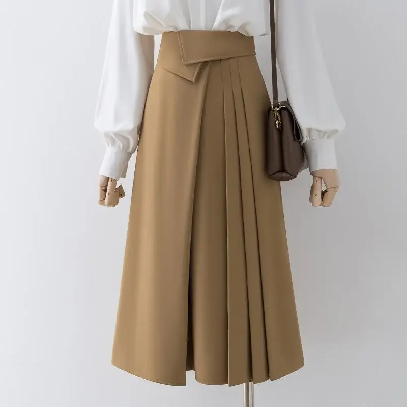 thumbnail image 1 of Falda plisada de cintura alta para mujer, estilo A, color caqui, estilo Petite Sense, de verano, a la moda, 2024, 1 of 5