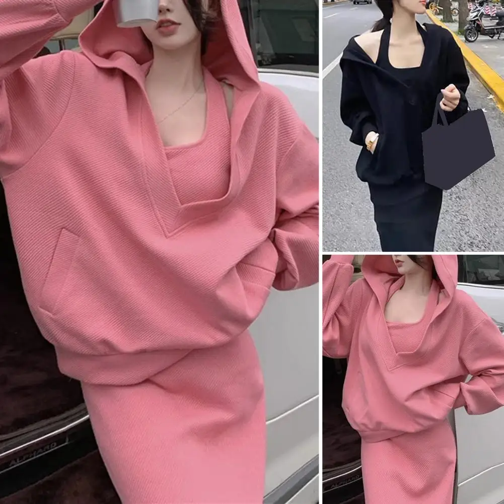 

Two-piece Long-sleeved Suit Women's 2-piece Hoodie Dress Set V-neck Long Sleeve Top Maxi Dress Solid Color Commute Outfit