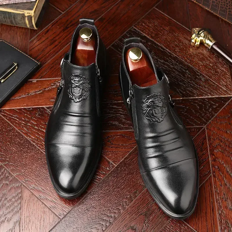 High Top Men Shoes Autumn Men's Casual Leather Shoes Double Sided Zippered Boots Man Ankle Boots Pointed Toe Low (1cm-3cm)