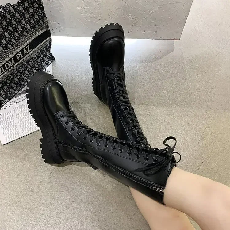 Women Motorcycle Boots Wedges Flat Shoes Woman High Heel Platform PU Leather Boots Lace Up Women Shoes Black Boots Girls2021