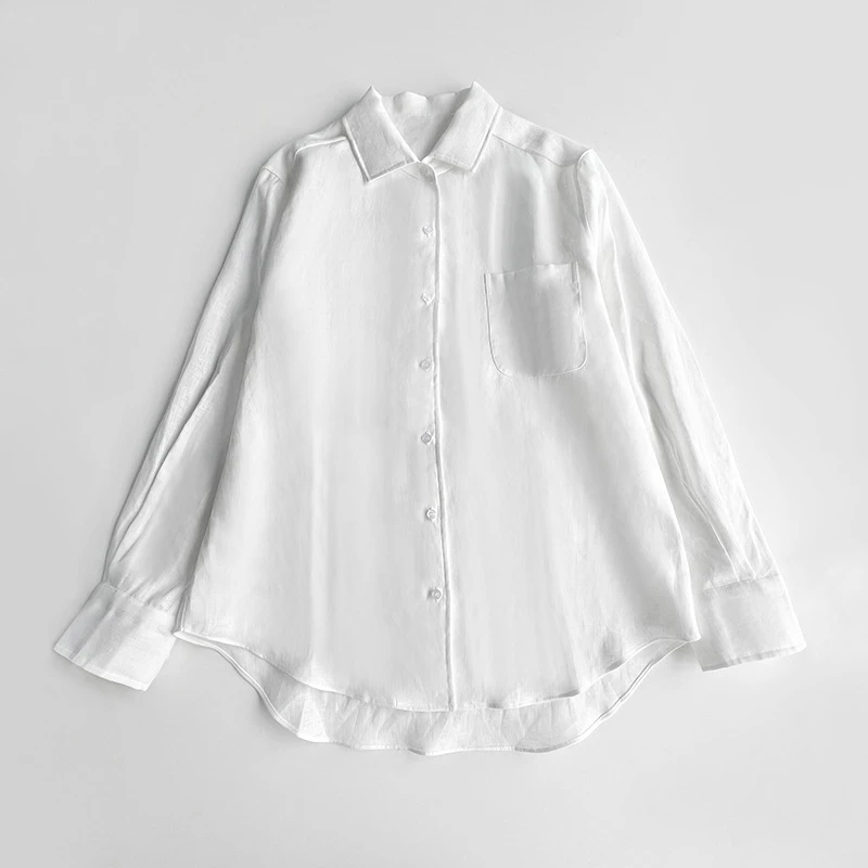 

2023 New Autumn Women Linen Long-sleeved Silhouette Textured Elegant Shirt