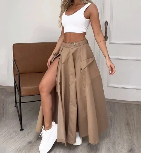 2024 Summer Casual Two-piece Women's Elegant Commuting Solid Tank Top and High Waist Belt Zipper Split A-line Maxi Skirt Set tank tops zipper o neck casual tank top in white size s