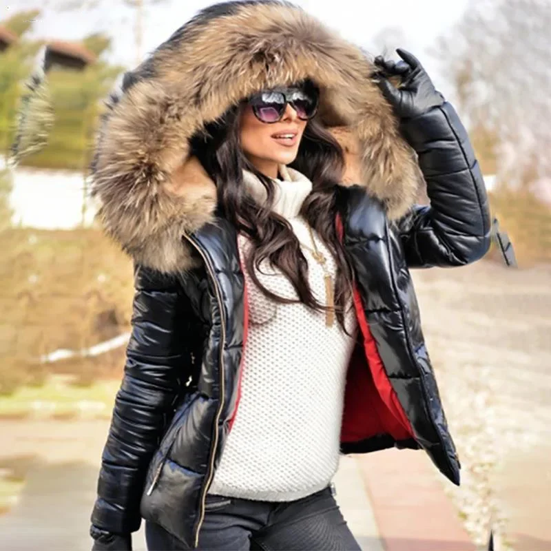 Women Thicken Fur Collar Hooded Jacket Coats Winter Solid Casual Zipper Short Jackets Fashion Cotton Padded Warm Outwear Female