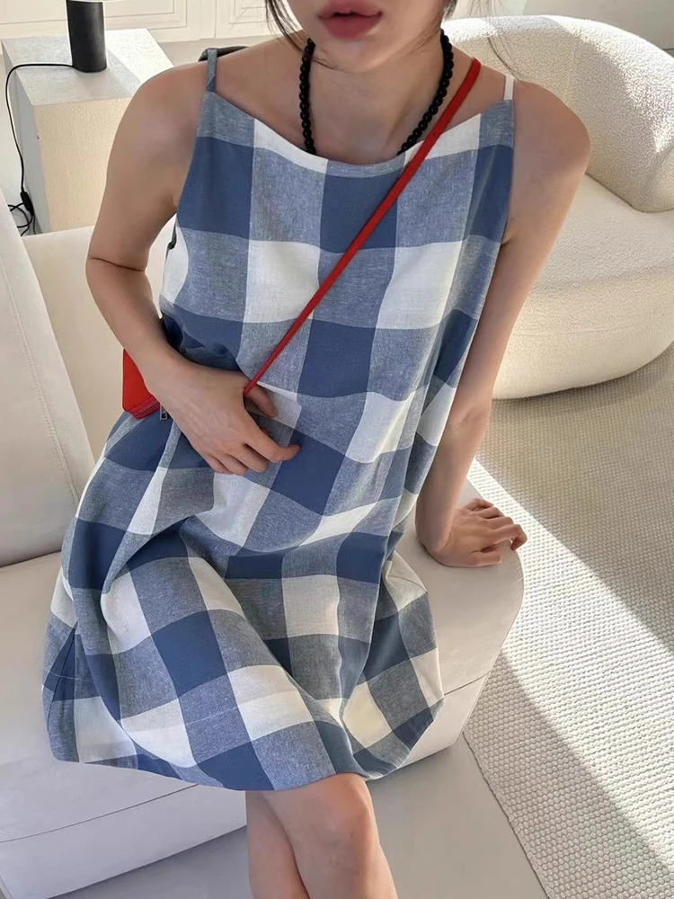 여름 빈티지 틈새 스퀘어 칼라 컬러 차단 격자 무늬 루즈 피트 캐주얼 민소매 탱크 드레스 미니 드레스 여성 
