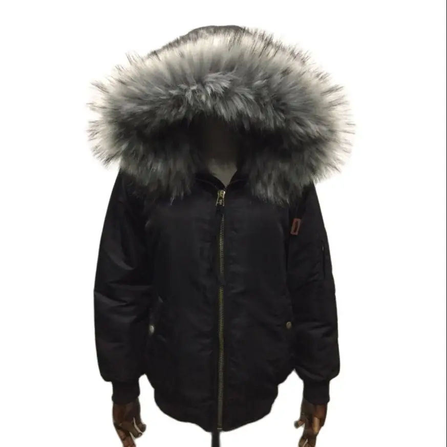 

Men Black Windproof Nylon Bomber Jacket With Gray Faux Fur Lining And Faux Fur Collar High Quality Short Coat