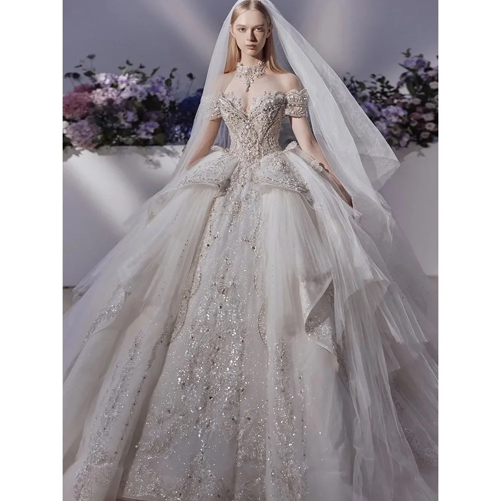 

Shinny Wedding Dresses Luxury Lace Vestido De Noiva Elegant Boat Neck Ball Gown High-end Robe De Mariee Plus Size For Women 2023