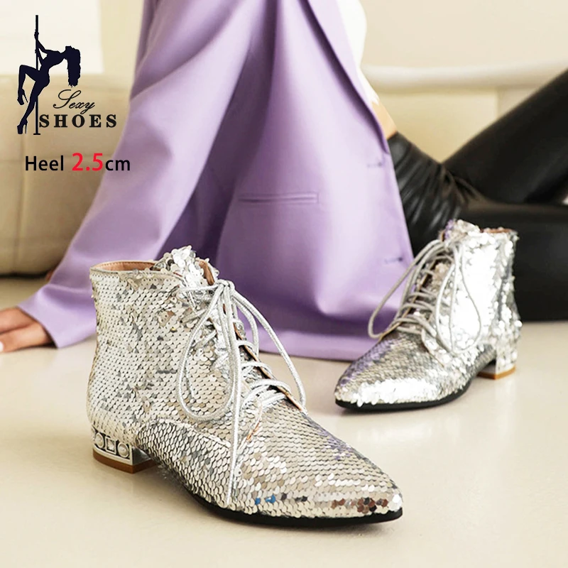 Fashion Sequins Party Shoes 2025 Glitter Dance Boots Women Personalized  Autumn And Winter Chunk Heels Ankle Chelsea Boots Femal