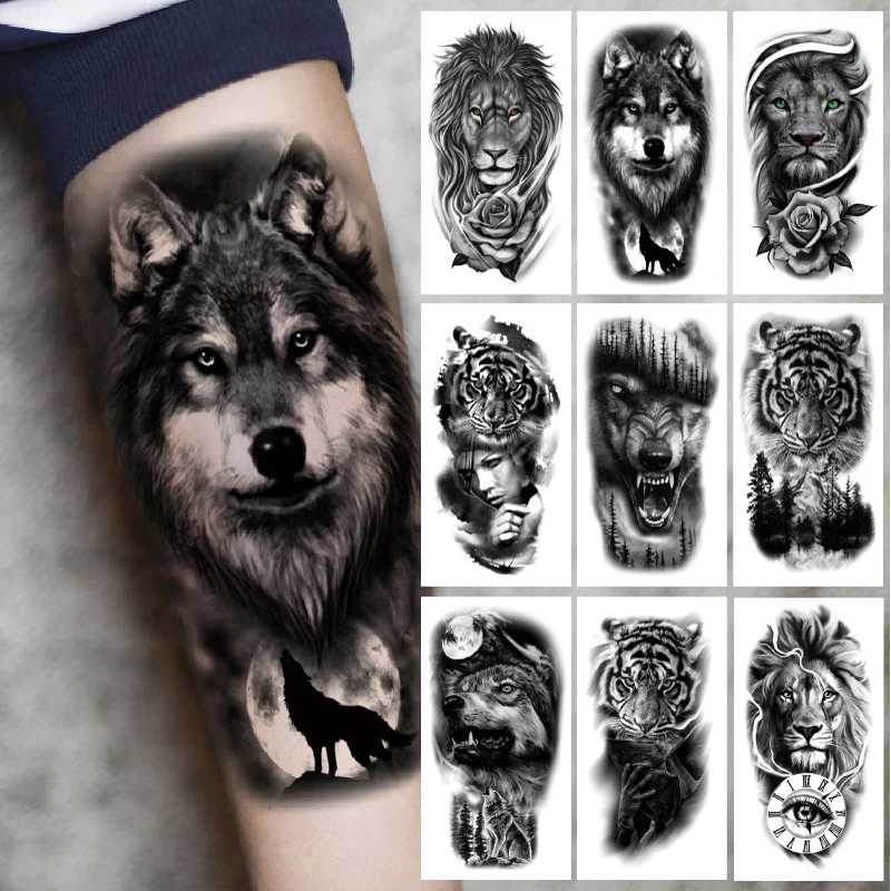 Men Women Sleeve Arm waterproof Temporary Wolf & Lion Tattoo Stickers  US Seller