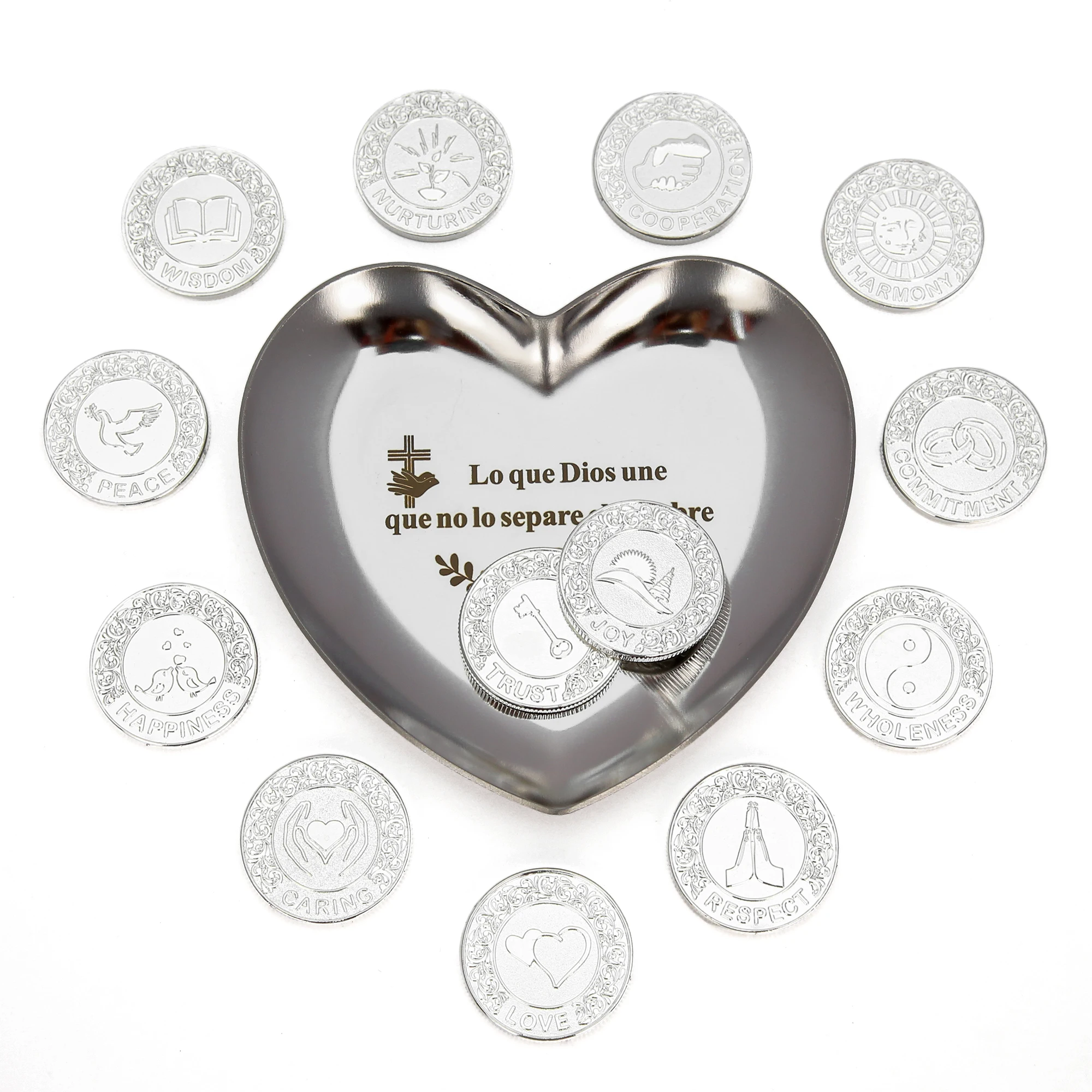 웨딩 트레이 플레이트가 있는 라스 아라스 데 보다, 카톨릭 웨딩용 아라스 파라 보다, 웨딩 코인 유니티 코인  세트-Freehip.co.kr