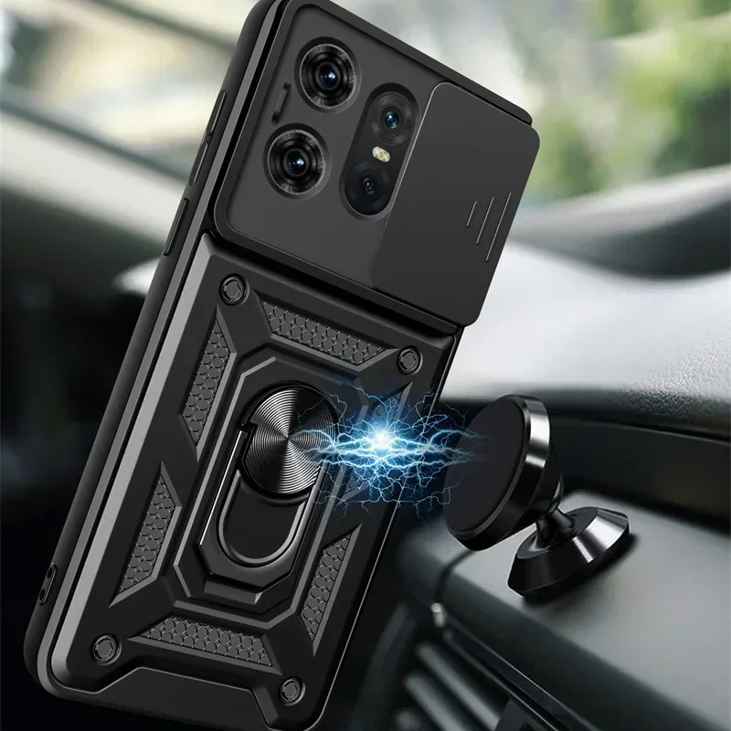Shockproof Armor Case with Ring Holder & Slide Lens Protector