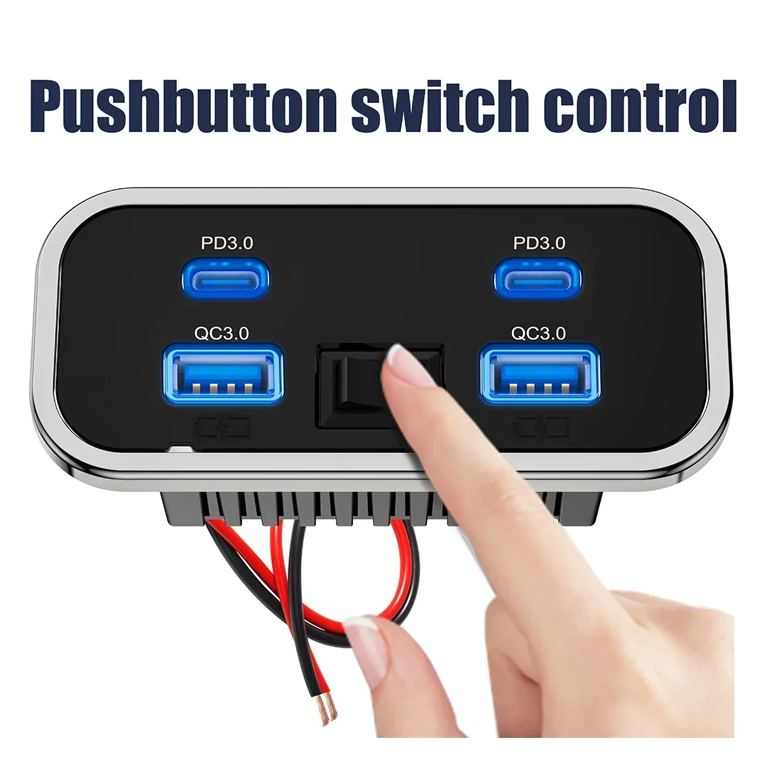 4-Port 12V/24V Car USB Socket Charger 76W Dual PD3.0 Type-C Dual Quick Charge QC3.0 Power Adapter for Marine Bus ATV Truck