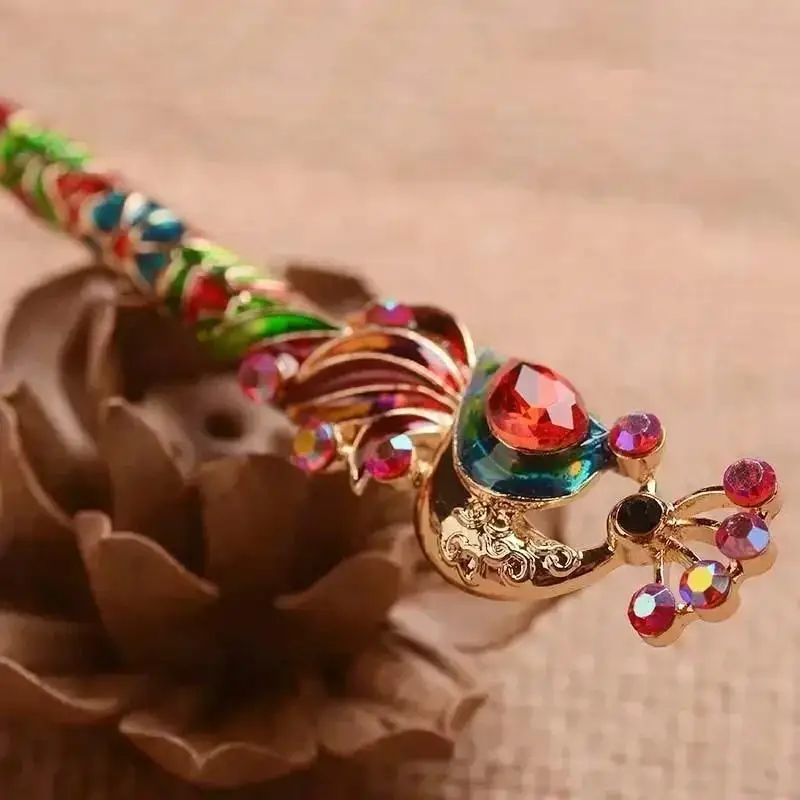 Hair Decoration Accessories Chinese Crystal Peacock Hairpin Retro Enamel Cloisonn Handmade Jewelry Travel Accessories Gifts