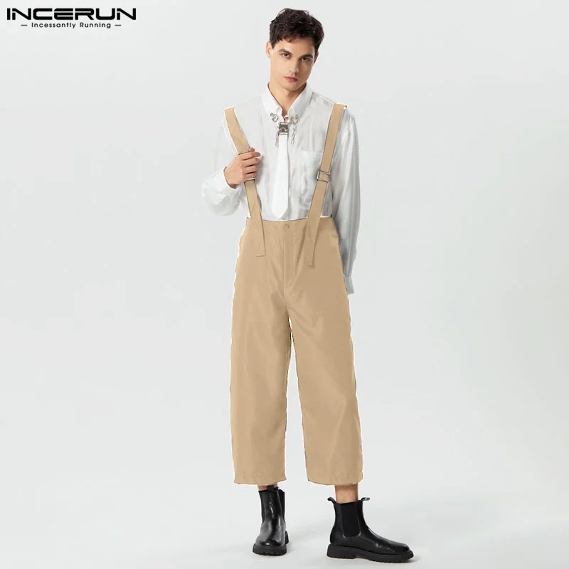 

Комбинезон INCERUN мужской с завышенной талией, свободный ромпер с широкими штанинами в американском стиле, Повседневная Уличная одежда, однотонные брюки с лямками на плече, 2024