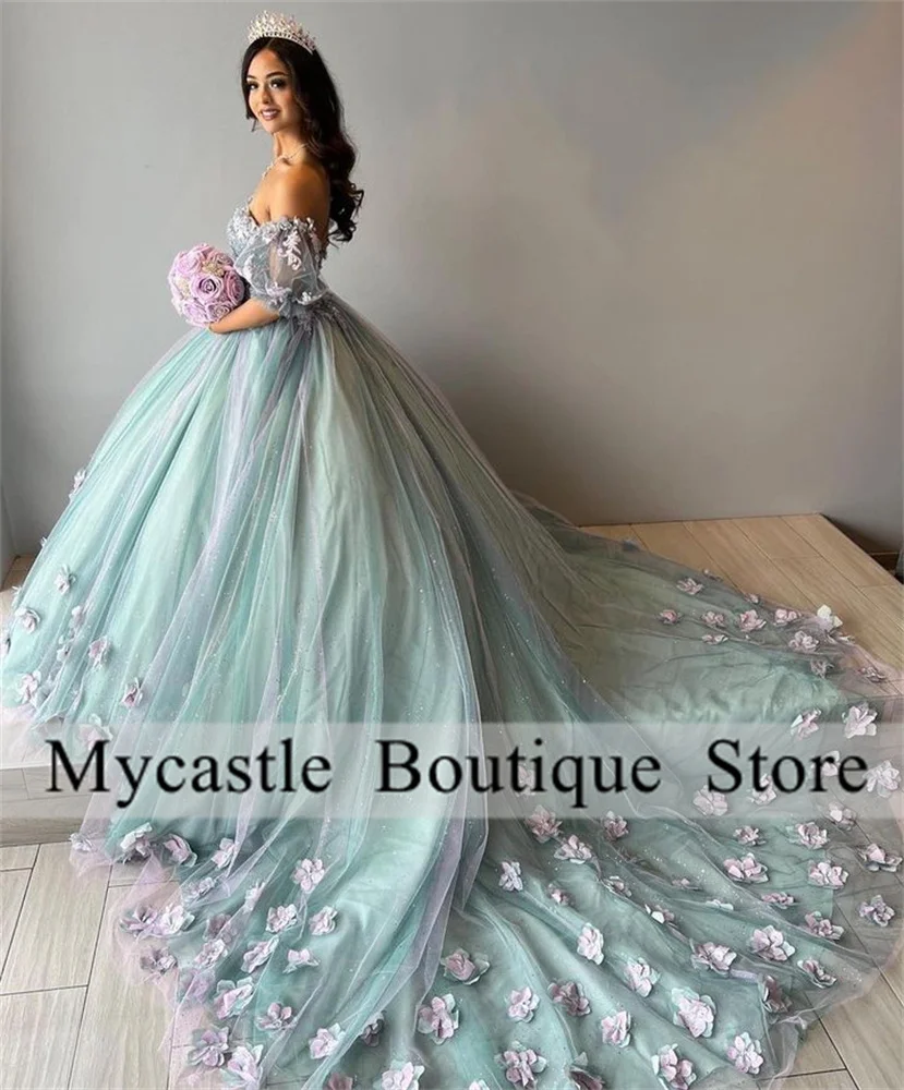 

New Flower Princess Ball Gown Quinceanera Dresses 2024 Off Shoulder Lace Appliques Beads Sweet 16 Dress Vestidos De 15 Anos